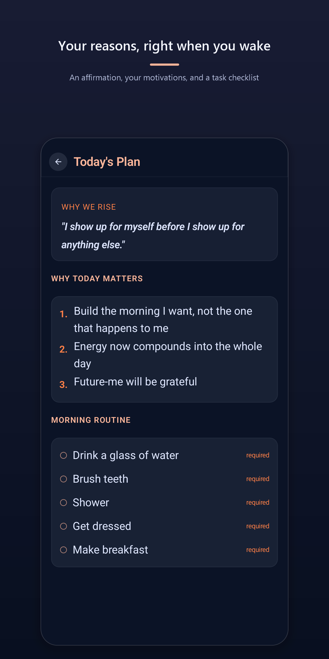 Wake Up Right Free — today's plan with affirmation, reasons to rise, and morning routine