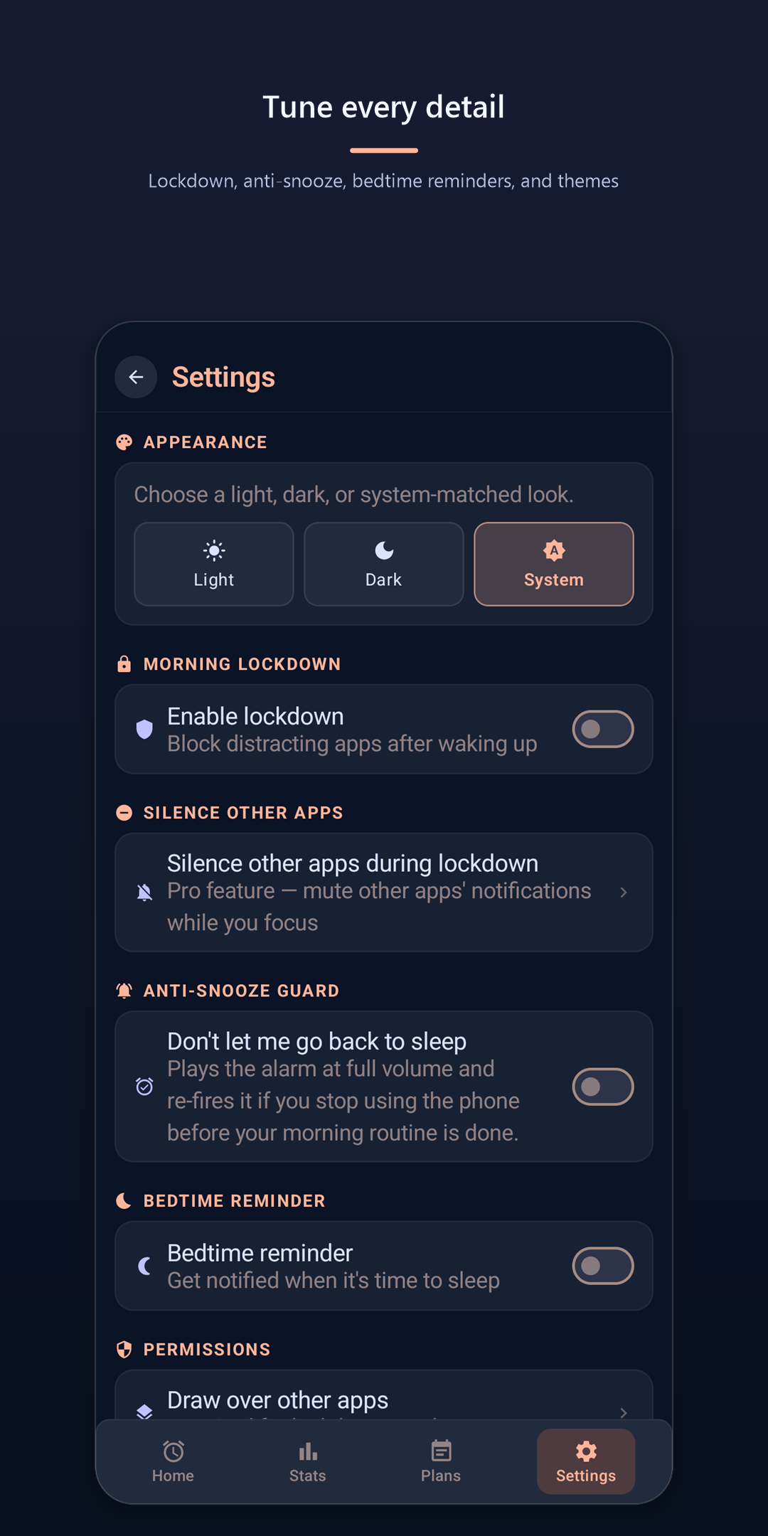 Wake Up Right Free — settings for appearance, morning lockdown, anti-snooze, and bedtime reminder