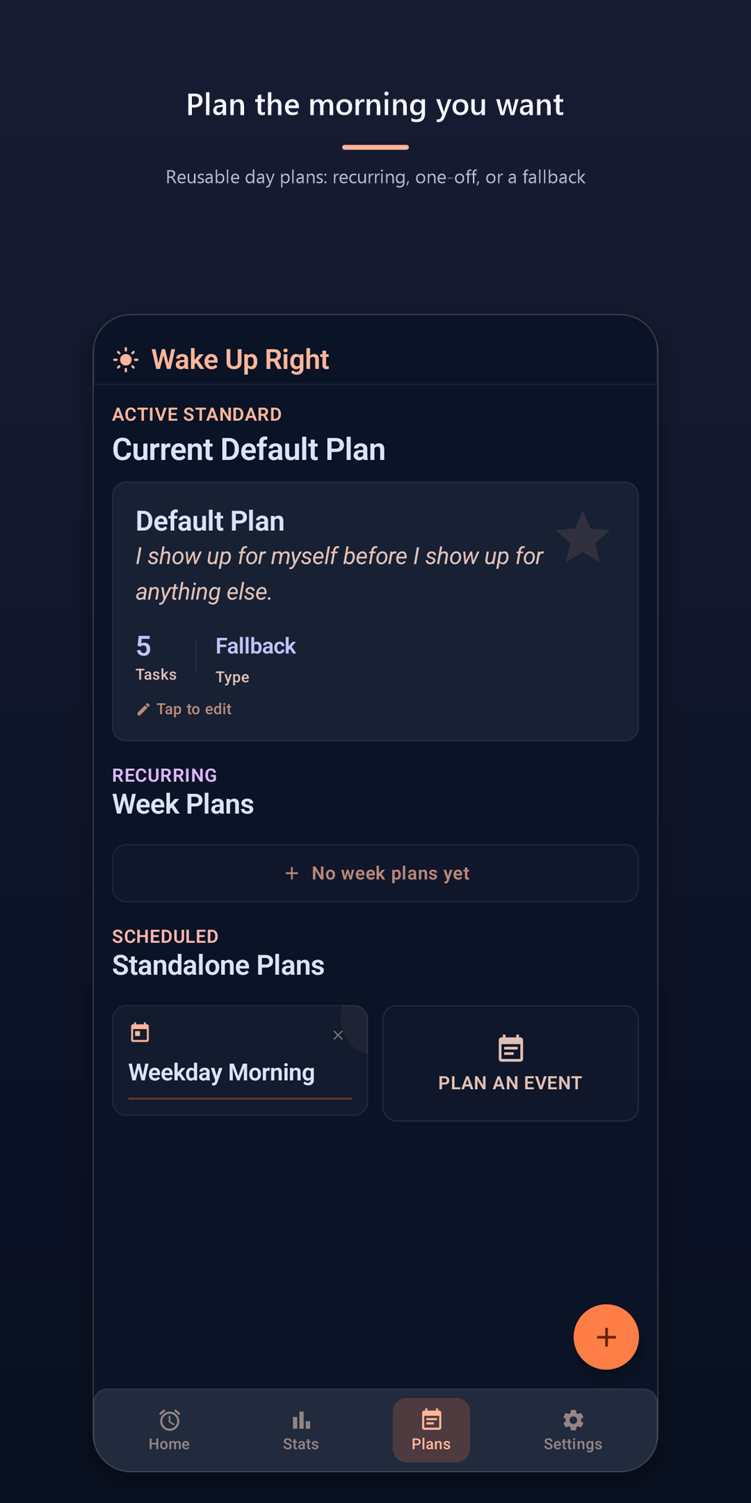 Wake Up Right Pro — day plans: default, recurring week, and standalone plans