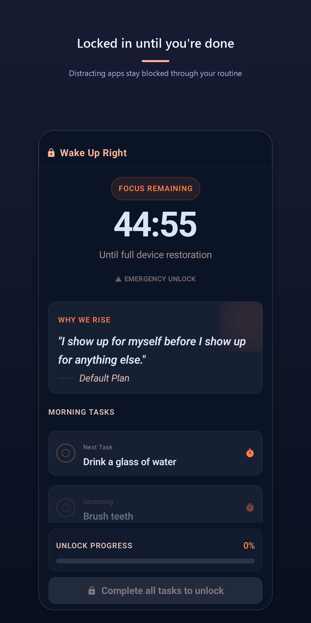 Wake Up Right Pro — morning lockdown active with focus timer and unlock progress