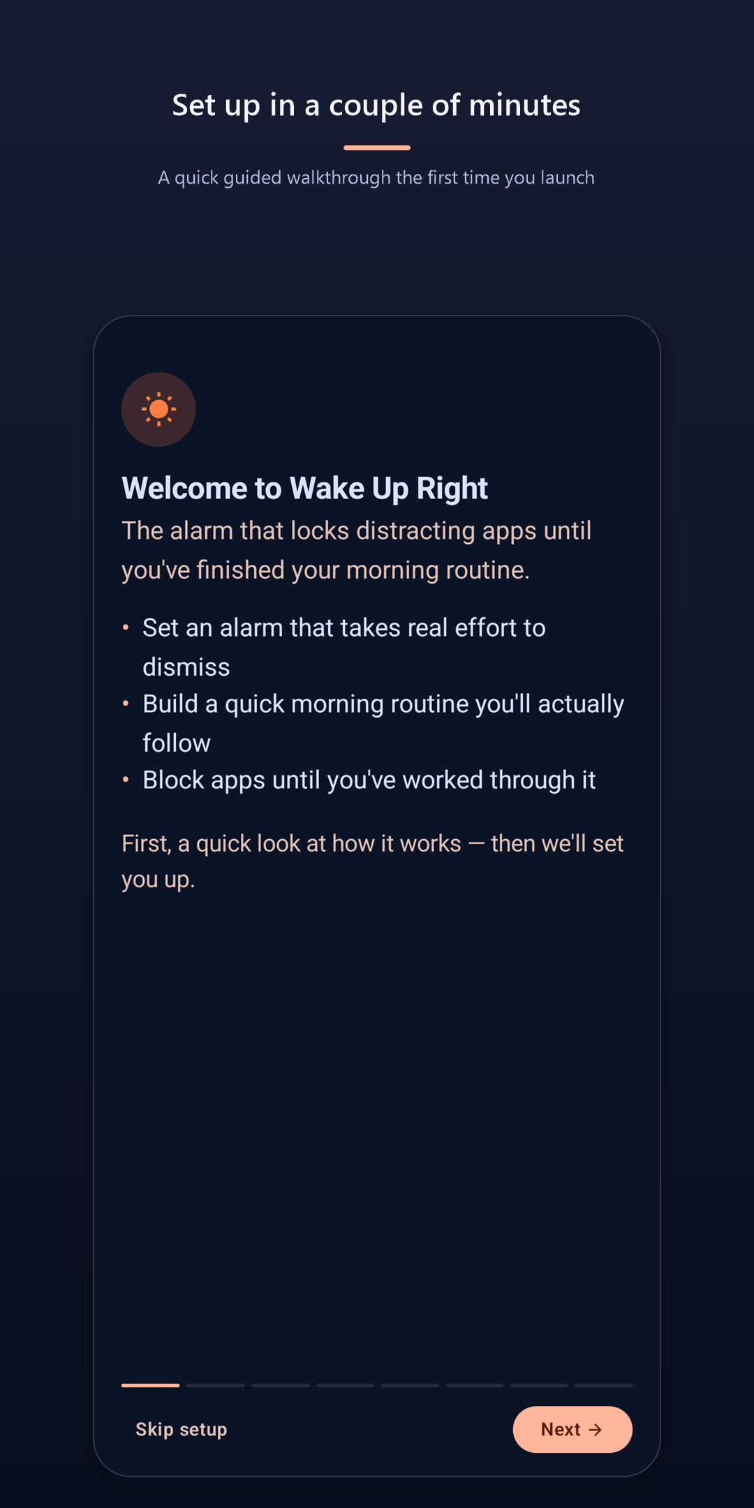 Wake Up Right Pro — welcome screen explaining how the app works