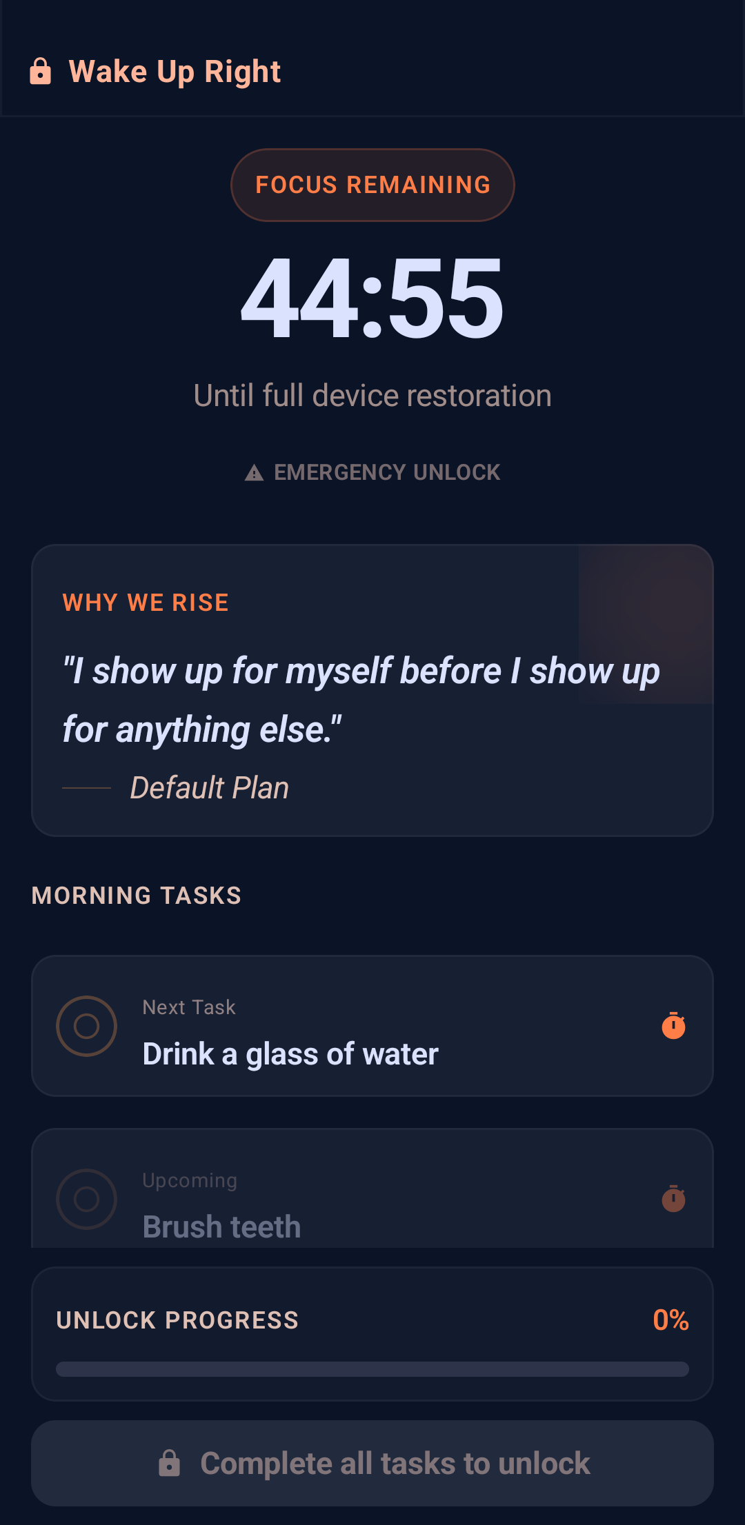 Wake Up Right lockdown active — focus timer counting down, morning tasks, emergency unlock, and unlock progress